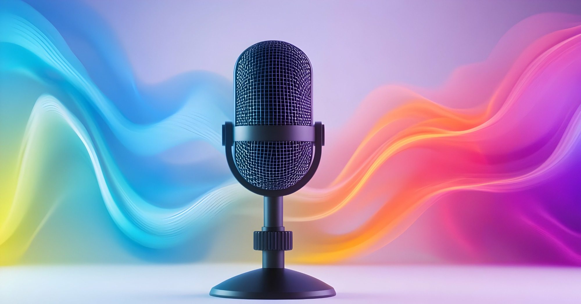 A microphone with colorful sound wave patterns in the background.