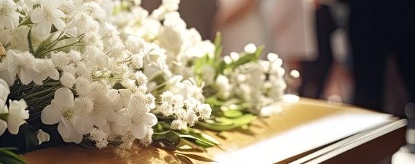 Arrangement of white flowers on a wooden casket at a funeral service.