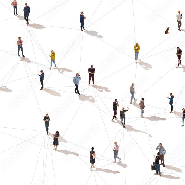 People standing in a scattered arrangement on a light background, creating shadows.