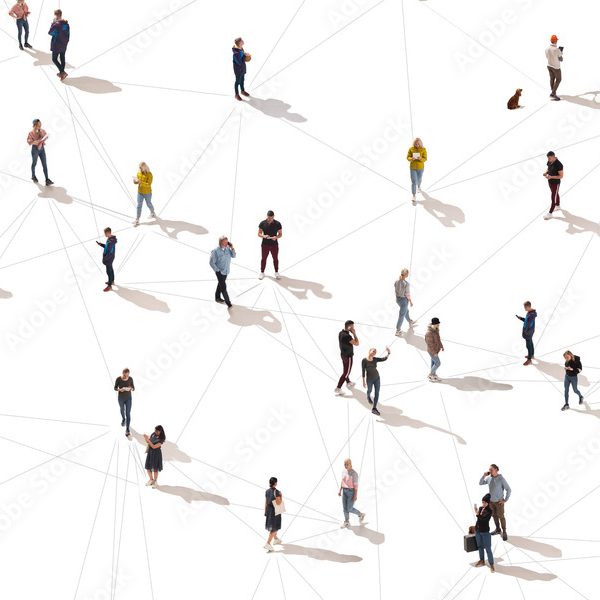 People standing and interacting in a networked space with visible connections.
