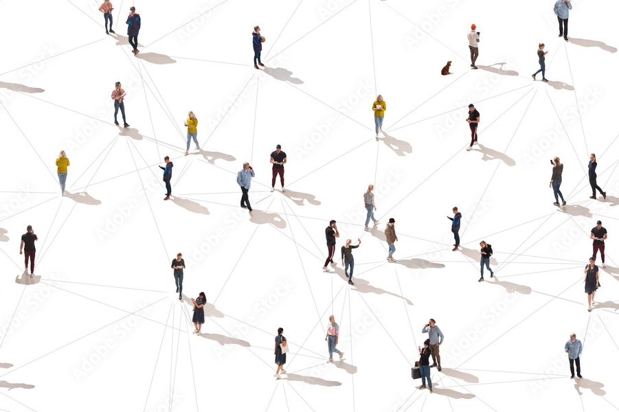 Crowd of people standing with shadows, connected by faint lines on a white background.