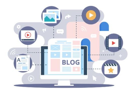 Illustration of a computer displaying a blog with various media icons around it.