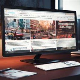 Desktop computer monitor displaying a news website with cityscapes and articles.