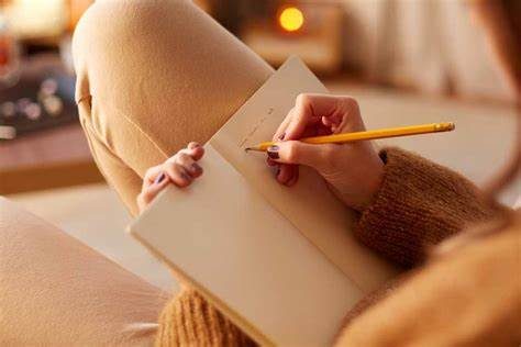 A person writing in a notebook while seated with legs crossed.