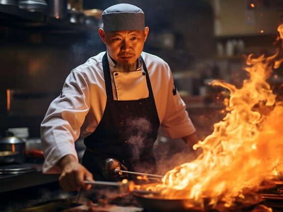 Chef cooking with flames in a restaurant kitchen, focused on preparing a dish.