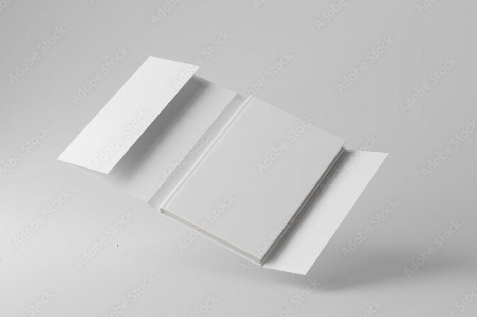 Blank book with an open cover against a light gray background.