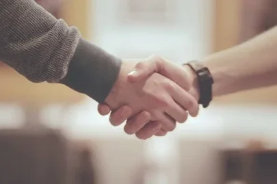 Two hands shaking in a gesture of agreement or greeting.