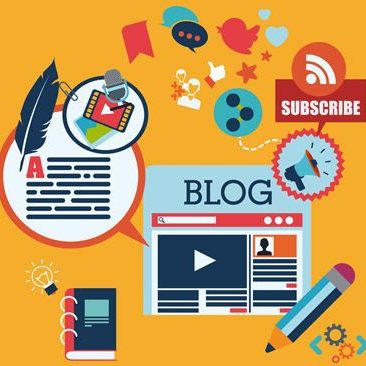 Graphic illustrating blogging elements: a computer screen, notebook, icons, and a pen.