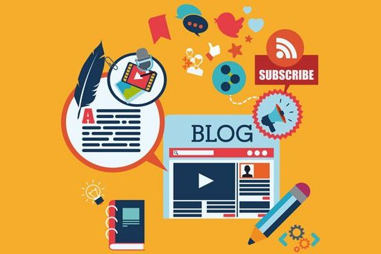 Colorful graphic depicting blogging elements like articles, videos, and social media icons.