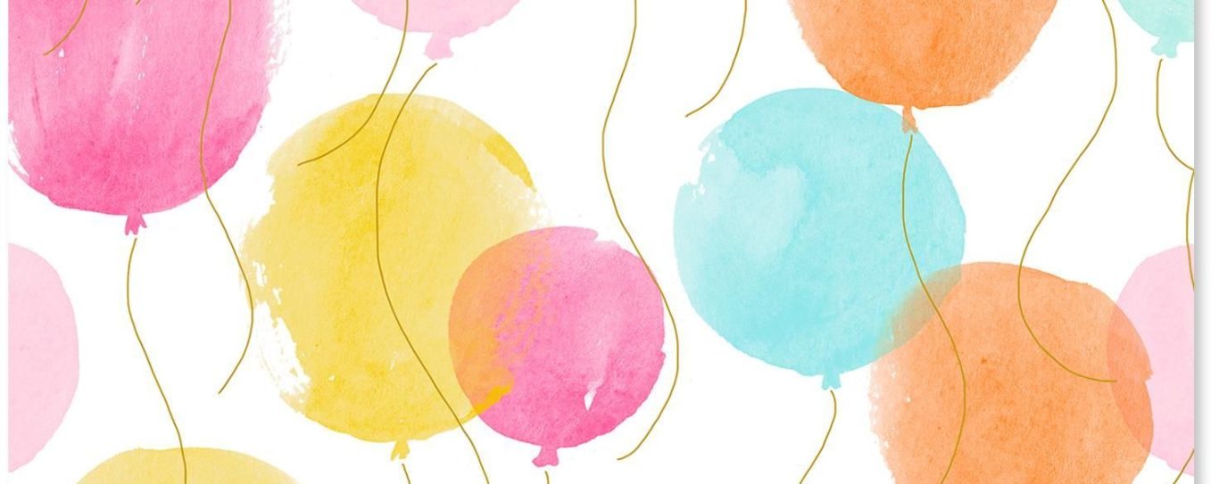 Colorful balloons in pink, yellow, orange, and blue against a white background.