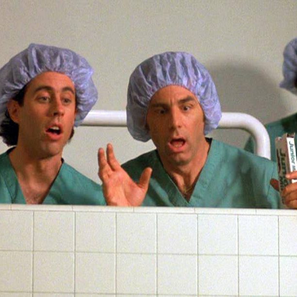 Seinfeld's 'The Junior Mint' episode.

Two men in surgical scrubs and caps look surprised while standing by a bathtub.