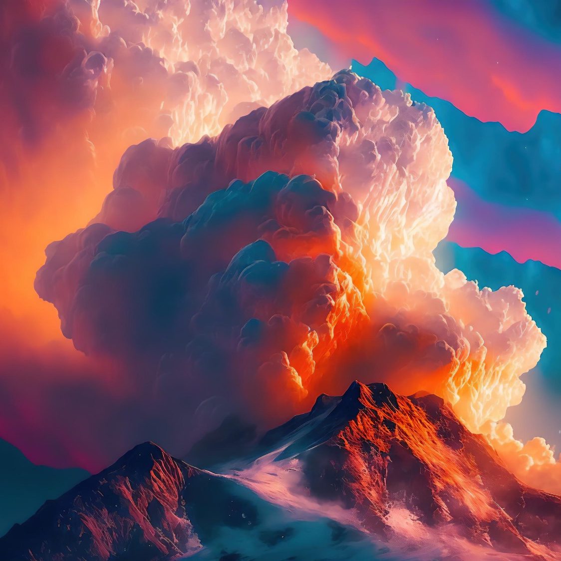 Colorful clouds glowing in shades of orange, pink, and blue over a mountain landscape.