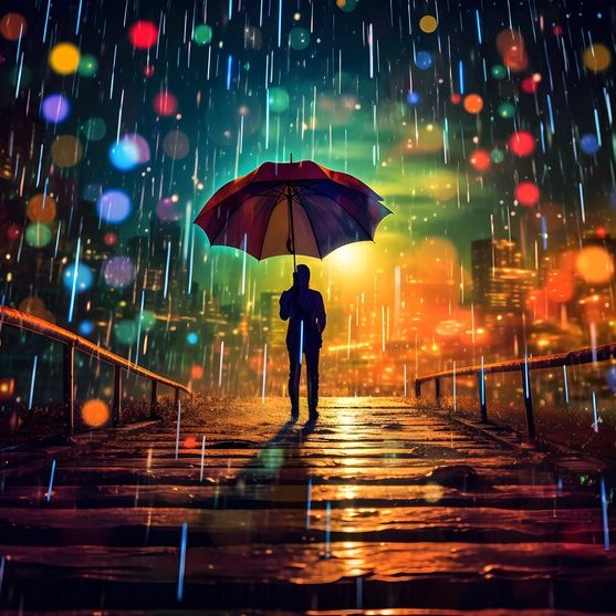 Person holding an umbrella, standing on a walkway amidst colorful, blurred raindrops.