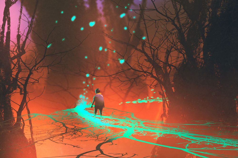 A figure walks through a surreal forest with glowing turquoise trails and an orange-hued background.