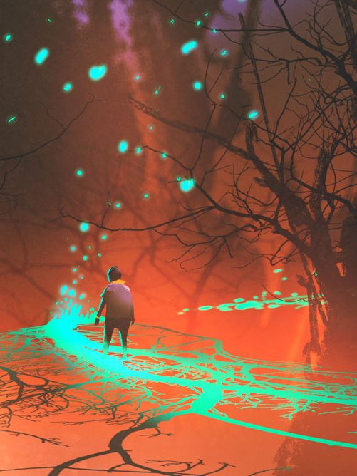A figure standing in a forest with glowing green trails and an orange background.