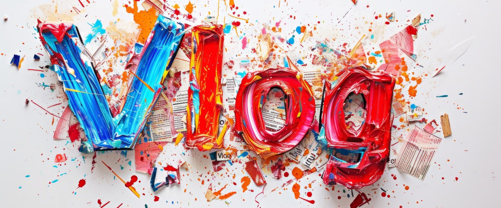 Colorful letters spelling "Vlog" surrounded by splashes of paint.