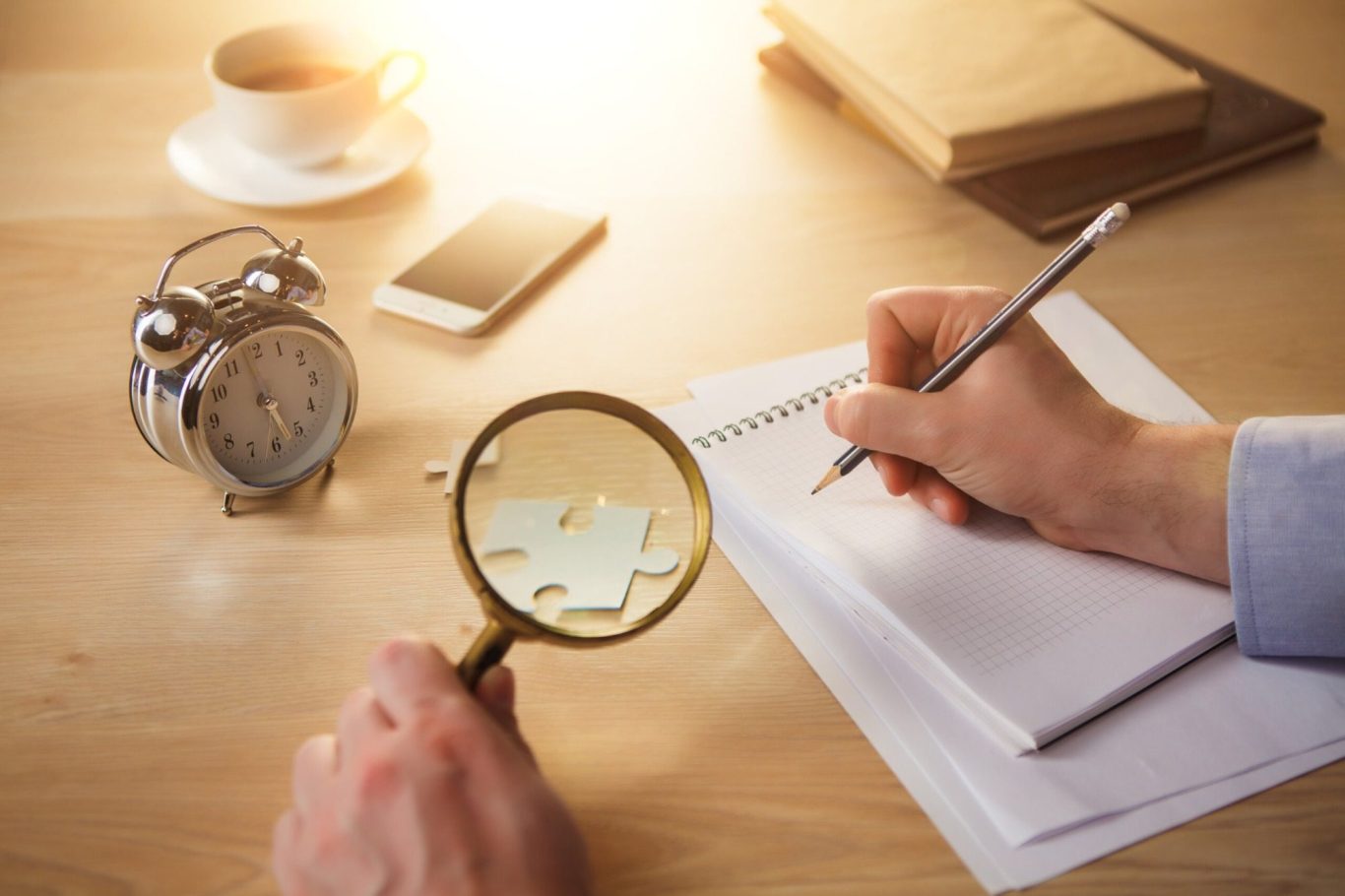 Hand holding a magnifying glass over a puzzle piece, notebook, and cup of coffee on a desk.