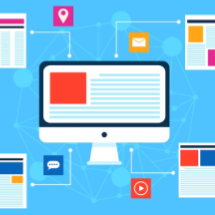 Computer monitor displaying various web elements and icons on a blue background.