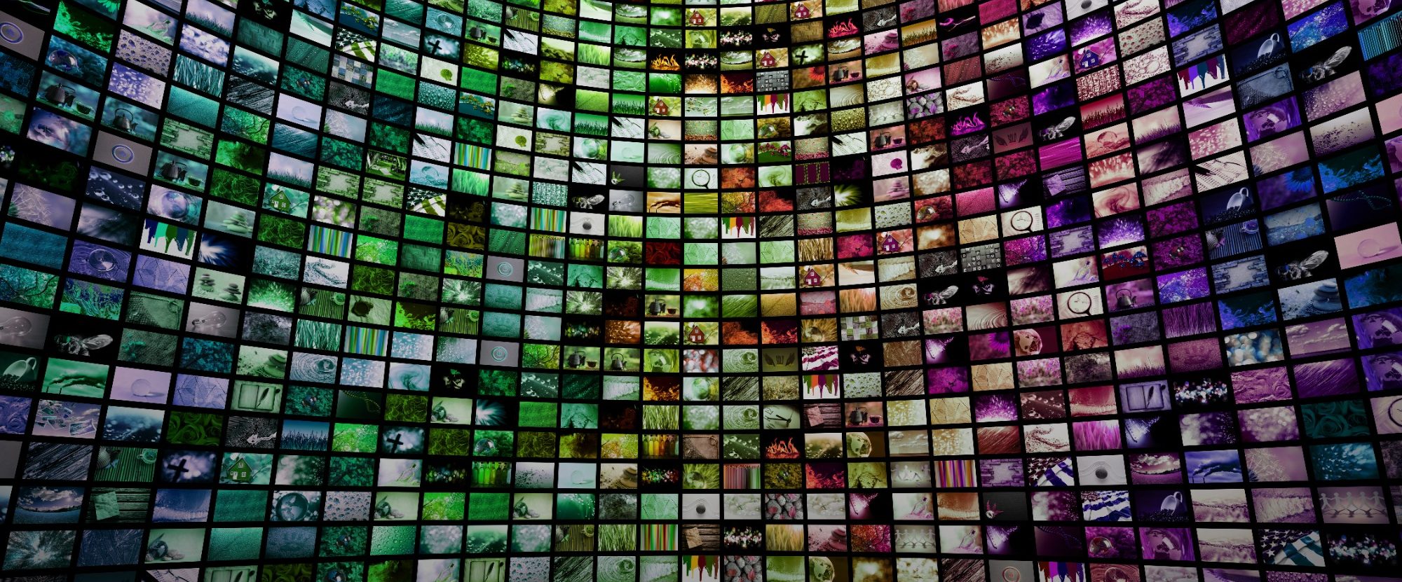 A vibrant display of numerous colorful screens showing various visuals.