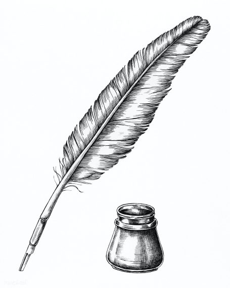 Quill pen beside an ink pot, representing classic writing tools.