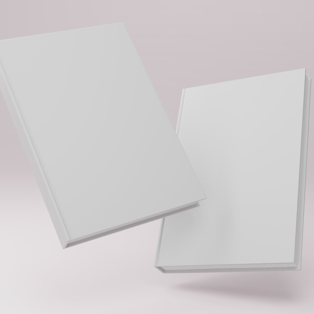 Two blank white books slightly tilted and facing each other.