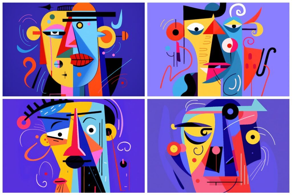 Four abstract, colorful portraits with geometric shapes and bold features.