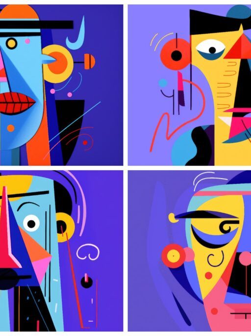Colorful abstract portrait artwork featuring four stylized faces with geometric designs.
