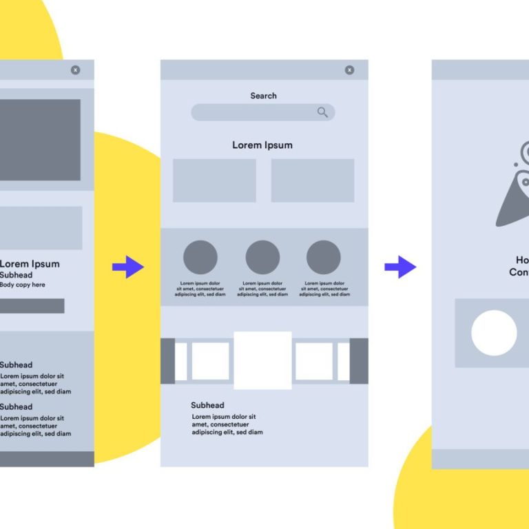 Three mobile app screens showing a user interface design flow with search and layout options.