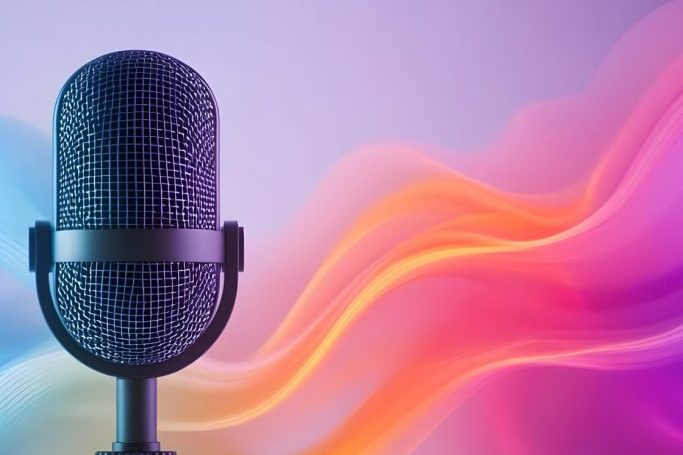 Microphone with colorful sound waves in the background.