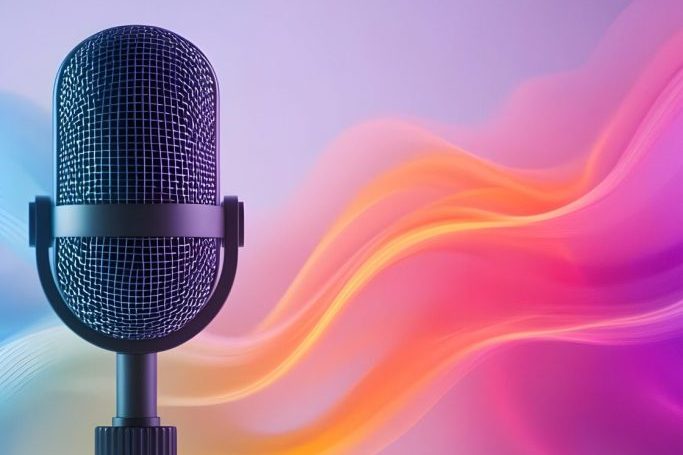 Microphone against a colorful swirling background with soft gradients.