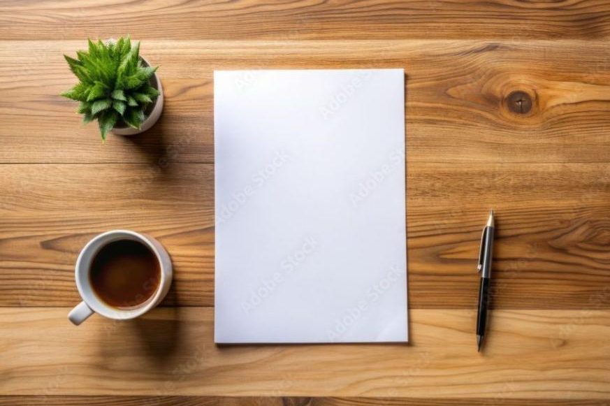 Blank sheet of paper on a wooden table, next to a coffee cup and a pen, with a small plant.