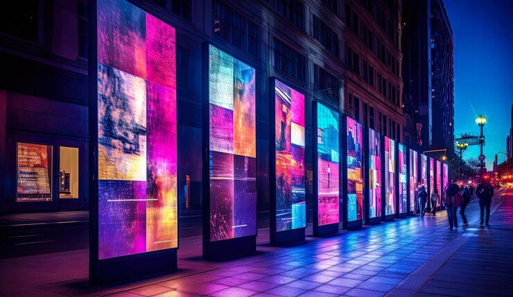 Colorful illuminated display panels line a city sidewalk at dusk.