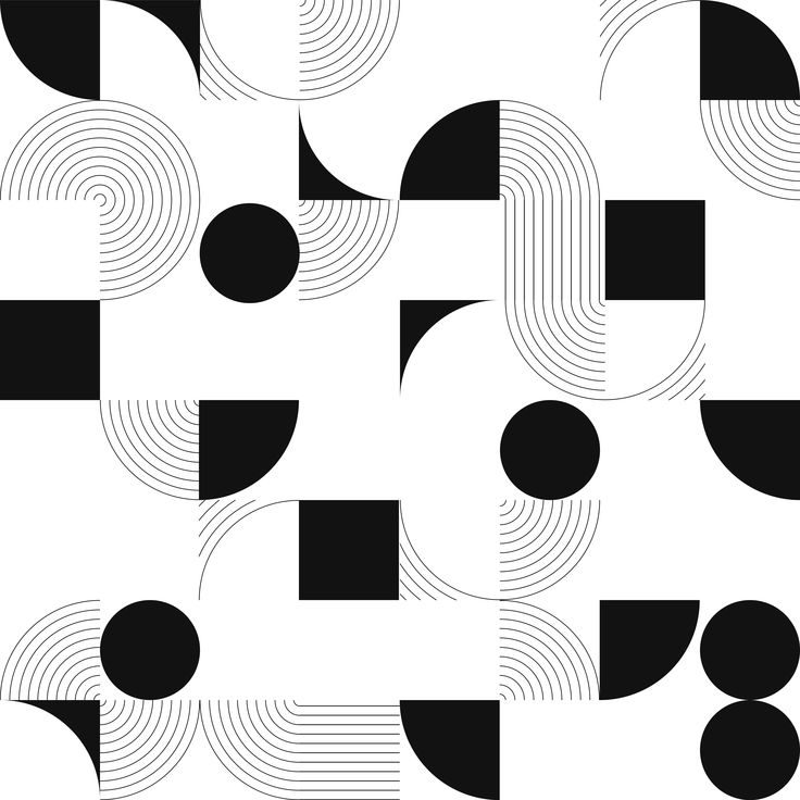 Abstract pattern featuring black and white geometric shapes including circles and squares.