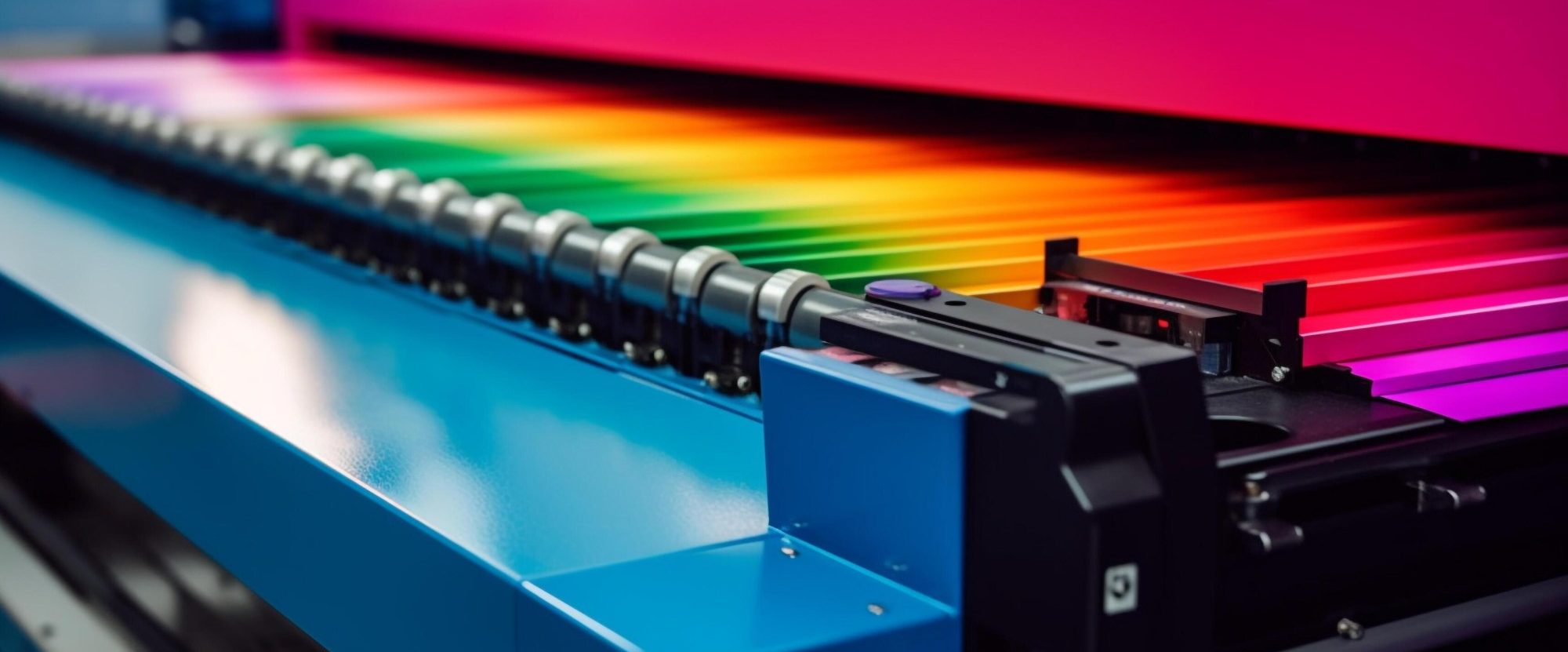 Close-up of a printing machine with vibrant, gradient color rollers.
