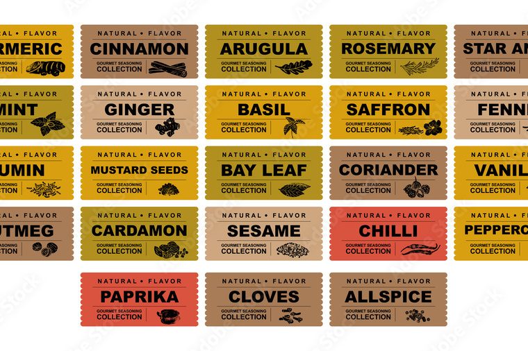 Labels of various spices and herbs with their names and images.