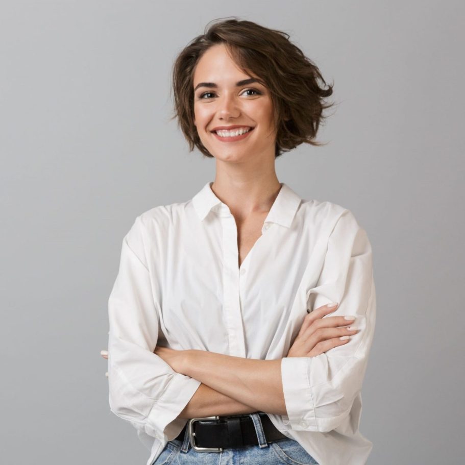 Smiling woman with short hair, wearing a white shirt and arms crossed against a light gray background.