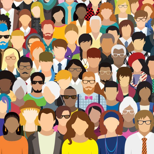 A diverse group of people facing away, seated in a row against a white background.