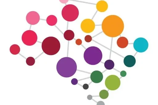 Colorful abstract composition of interconnected circles and nodes.