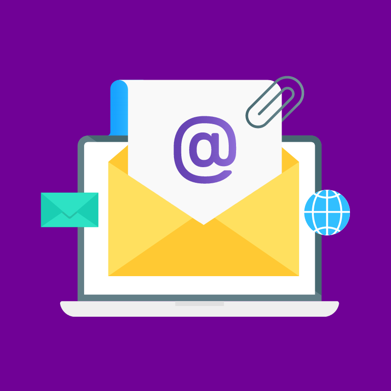 Email icon on a laptop with an envelope, paperclip, and globe.