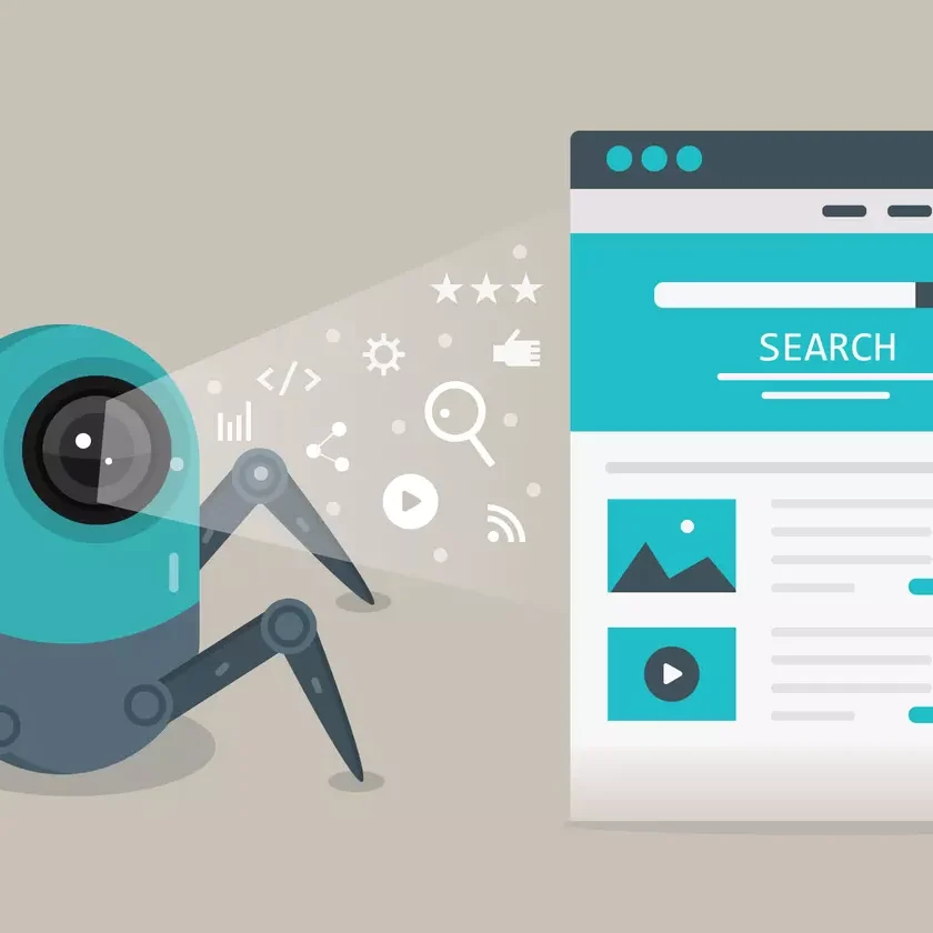 A robotic character projecting a search interface with various icons and options.