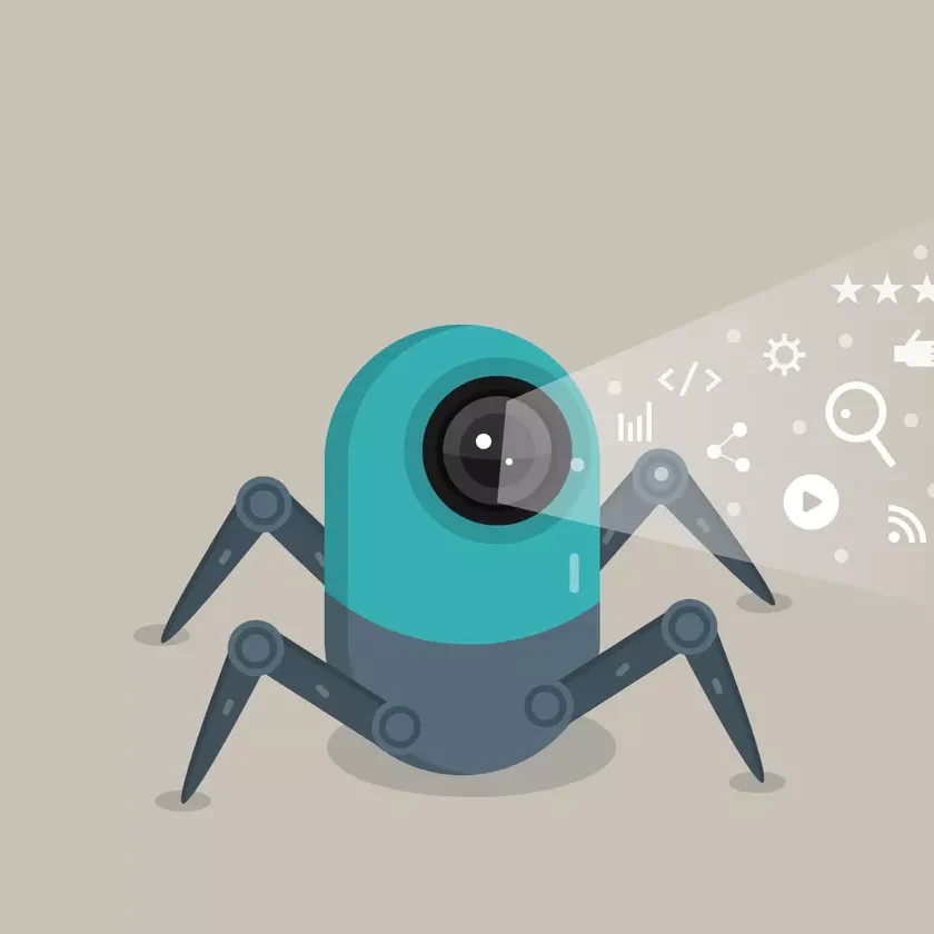 A teal and gray robotic spider with a lens projecting digital icons.