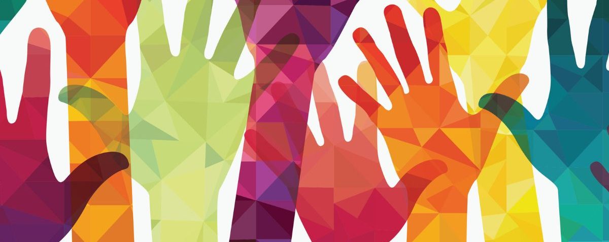Colorful, abstract hands raised in various shades and patterns against a white background.