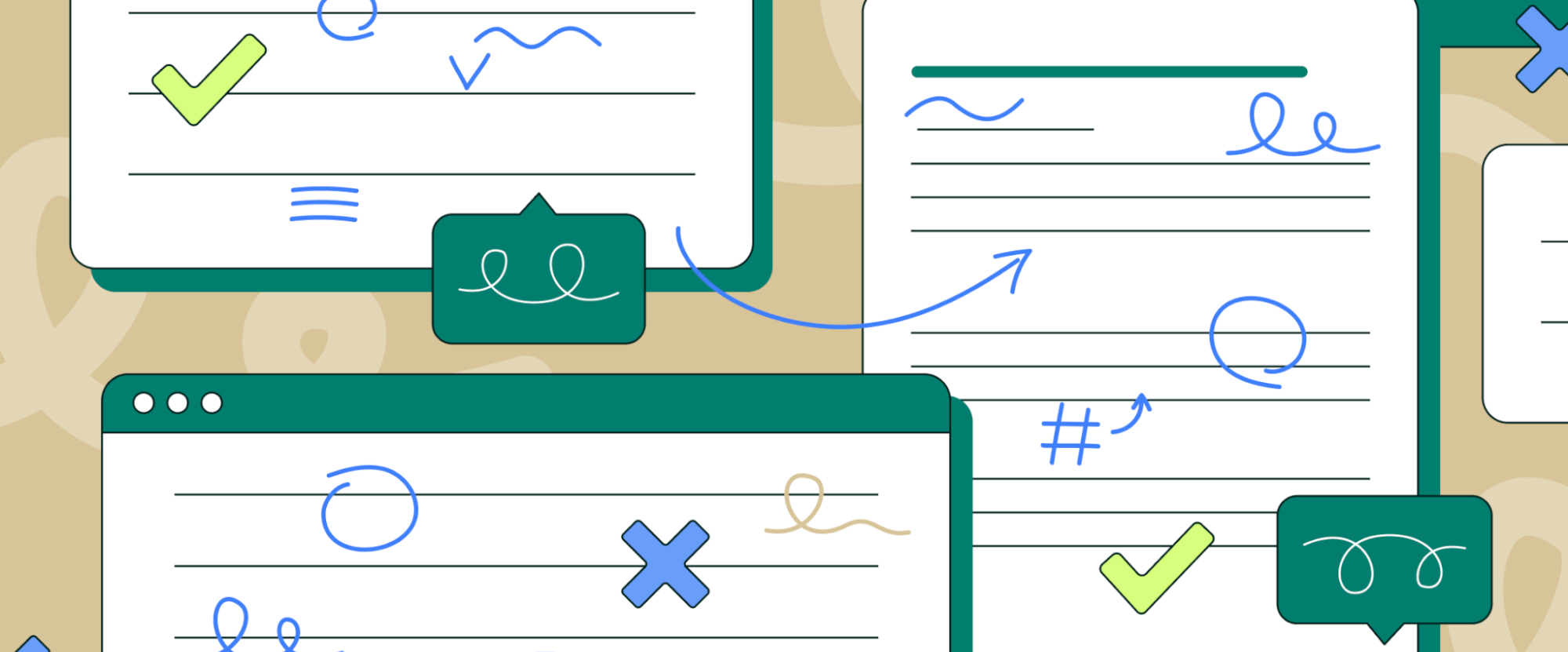 Illustration of web elements with checkmarks, text snippets, and drawing symbols.