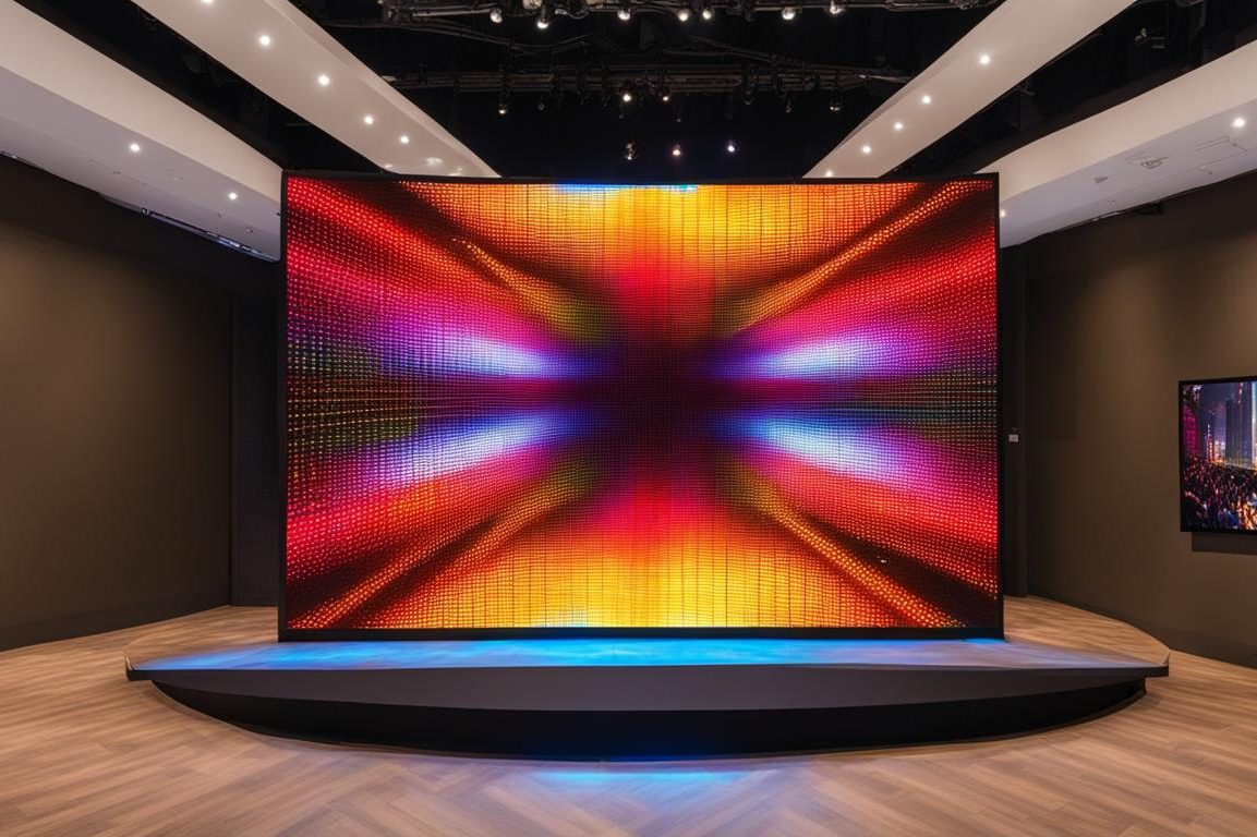 A vibrant, abstract pattern of colors featuring red, orange, blue, and purple hues.