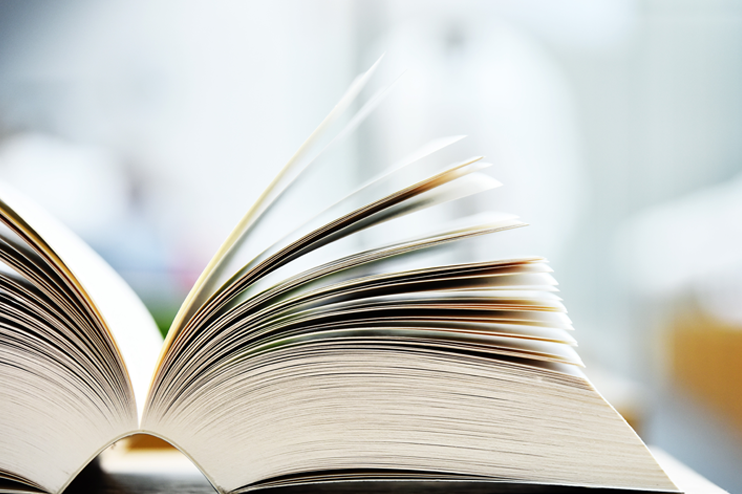 An open book with pages fanning out, set against a blurred background.