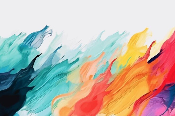 Colorful abstract waves of paint in shades of blue, green, and orange on a light background.