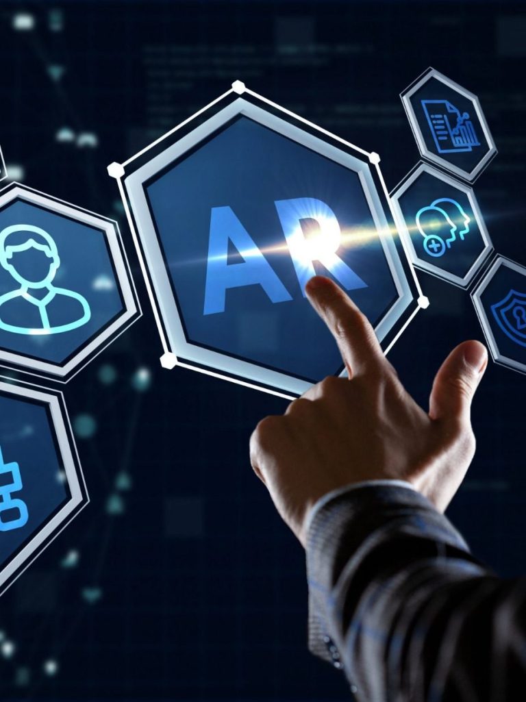 Hand interacting with hexagonal icons representing augmented reality (AR) technology.