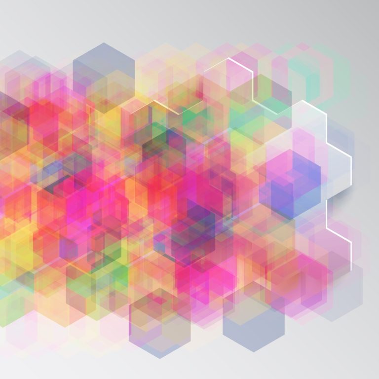 Colorful abstract hexagonal pattern with overlapping shapes in pastel hues.