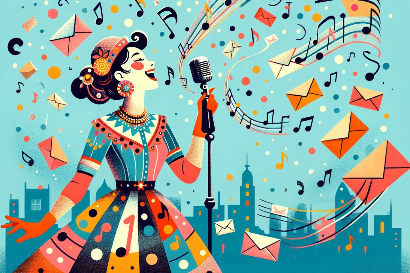 Woman in a colorful dress singing into a microphone, surrounded by musical notes and envelopes.
