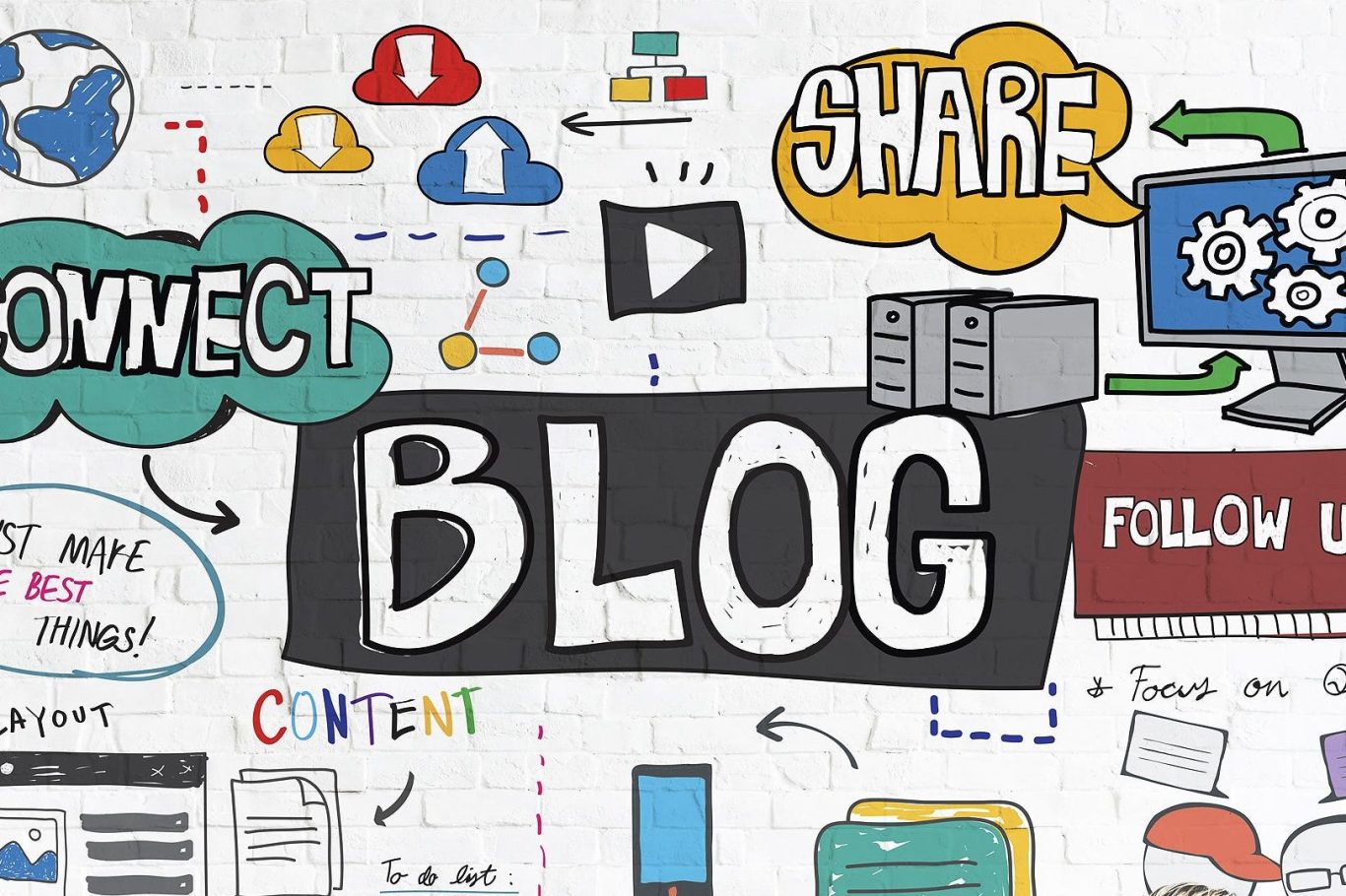 Illustration of digital marketing concepts including blog, share, and connect.